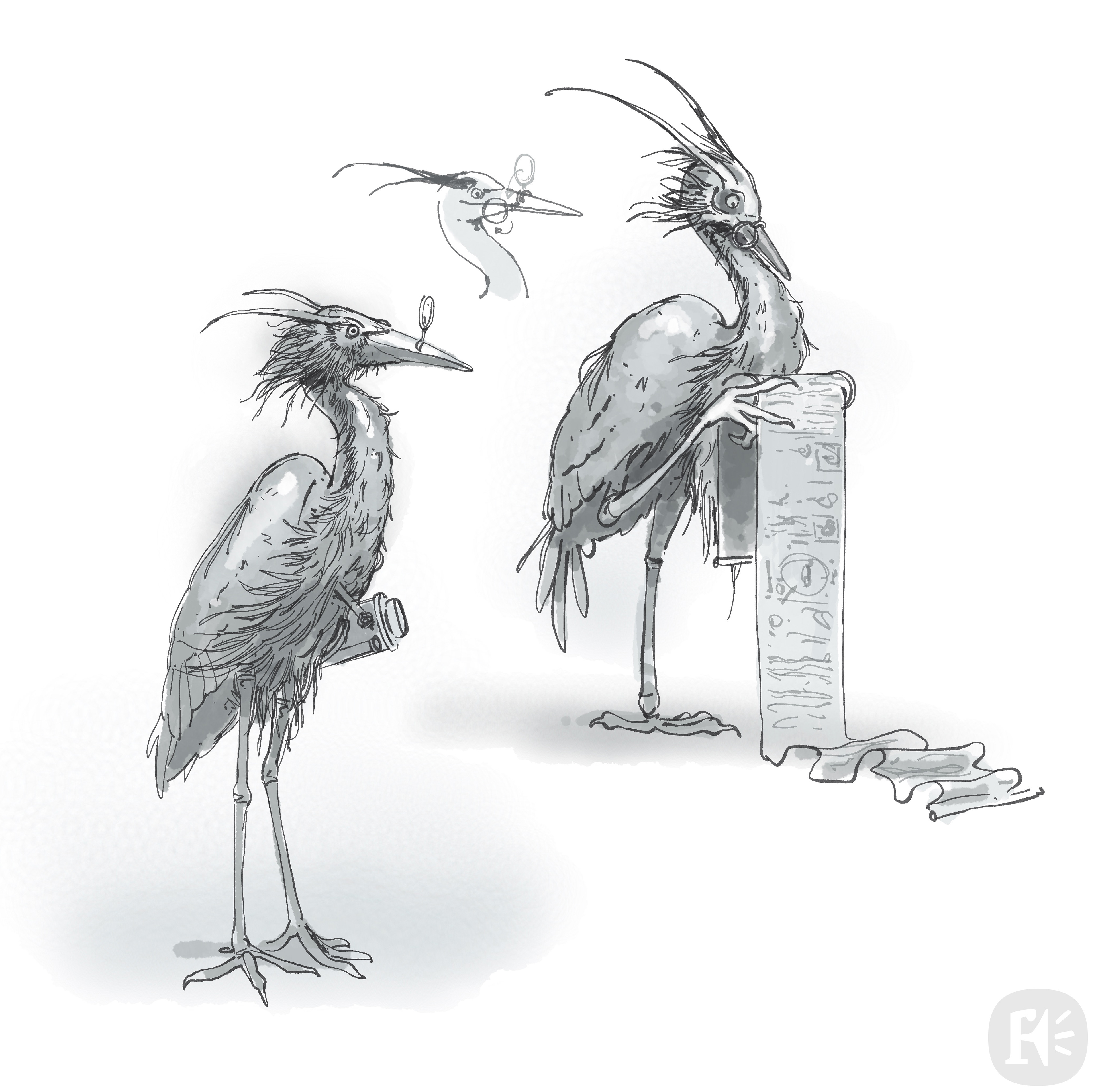 Sketch for a crane professor, including a device enabling him to read documents while standing on one leg