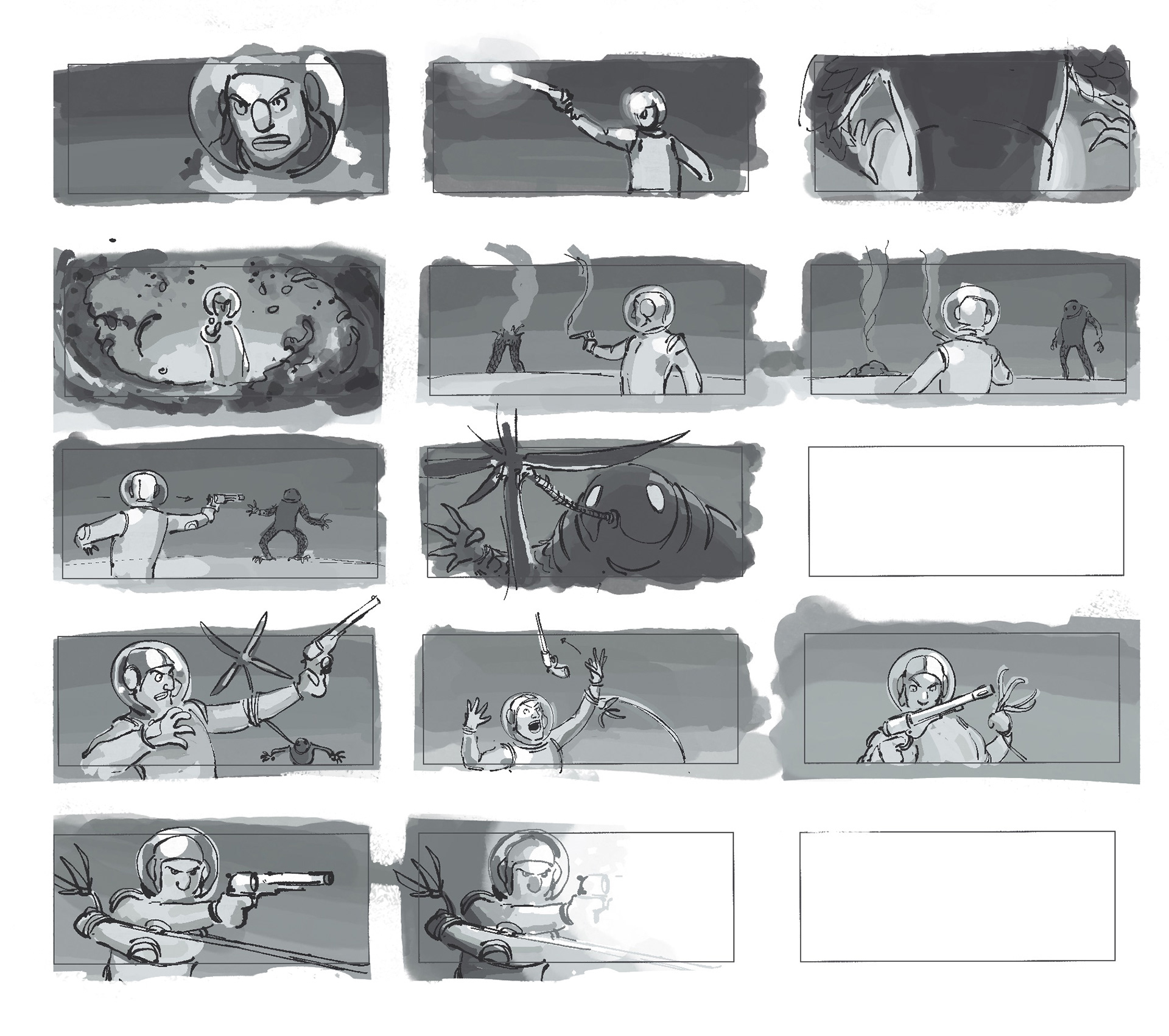 Storyboards for the gunfight.