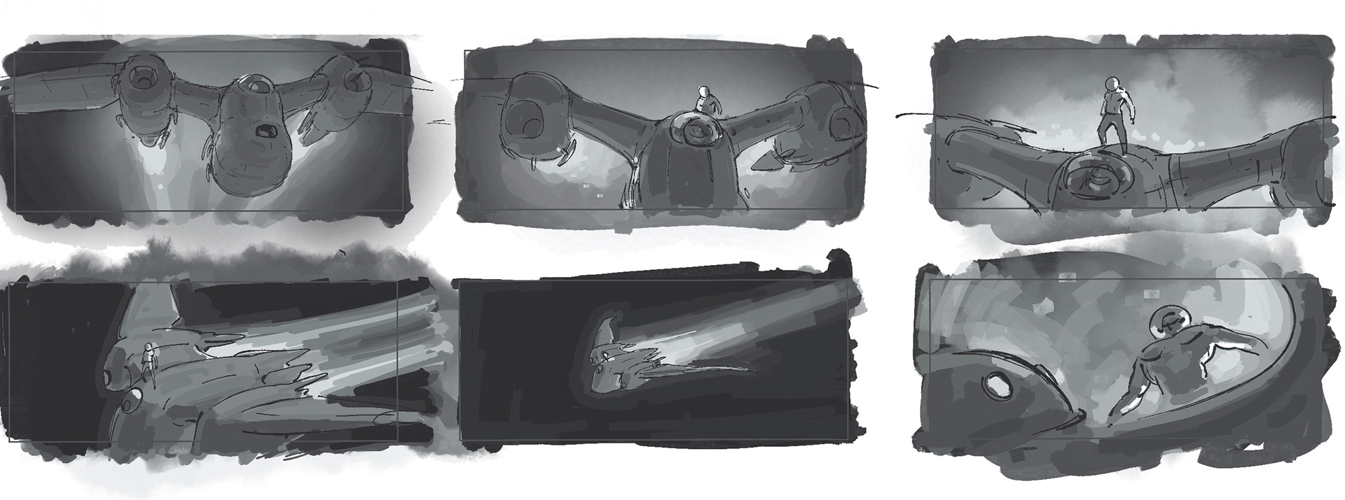 Unused storyboards for Nash jumping onto the Flyby Knight spaceship. 