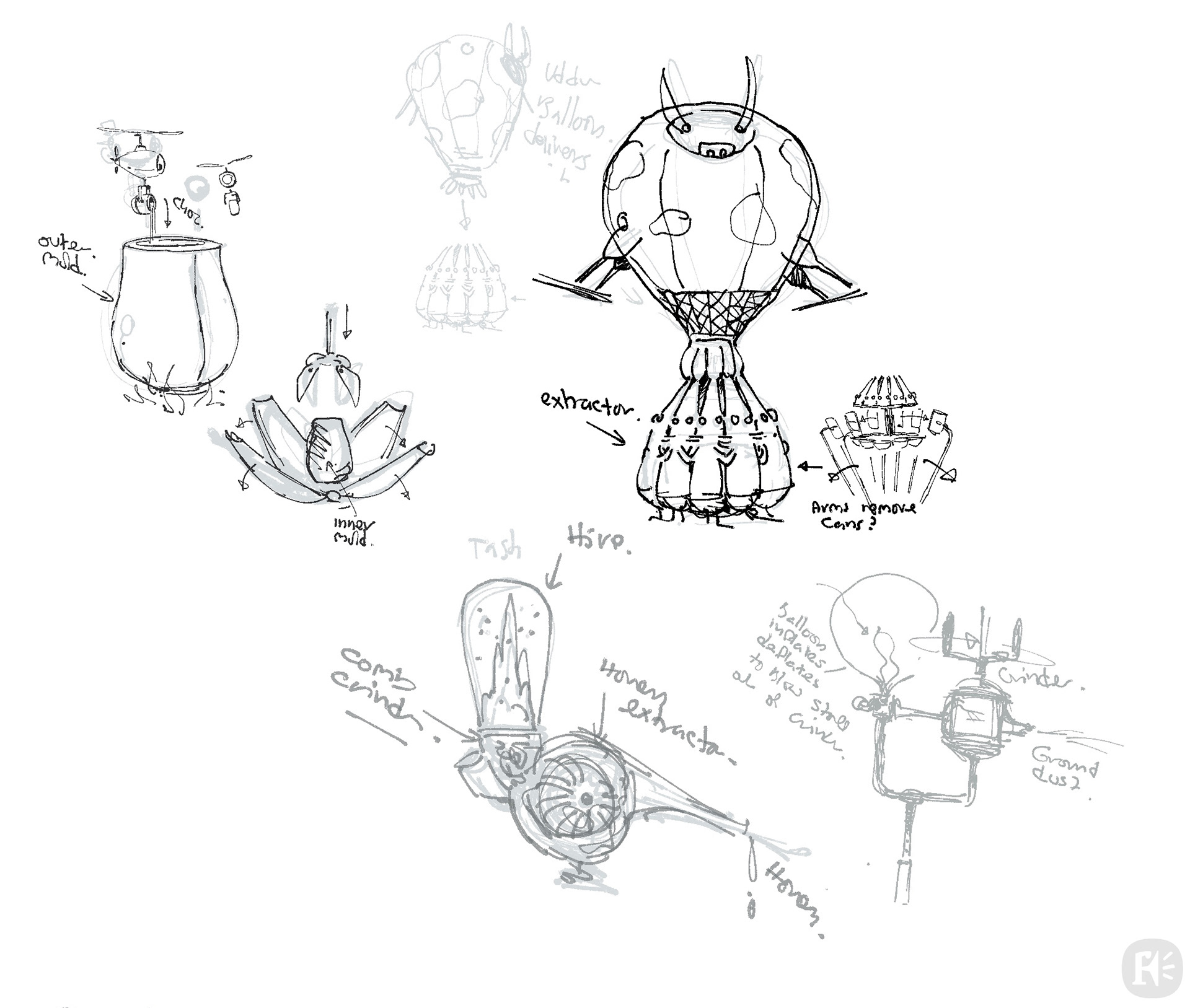 Sketchbook page : Ideas for a milk delivery balloon and a chocolate mould. 