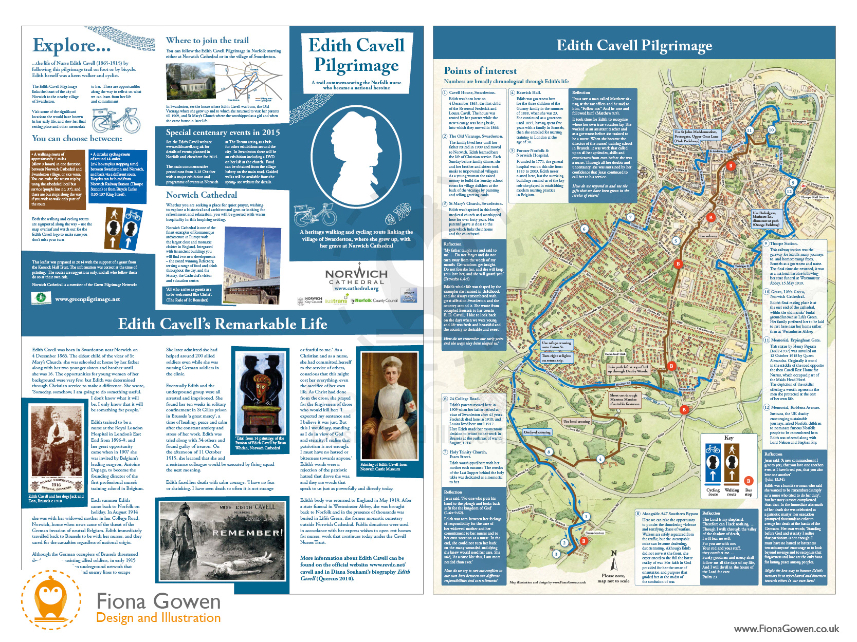 Norwich Edith Cavell cycle trail map illustration and leaflet design by Fiona Gowen.
