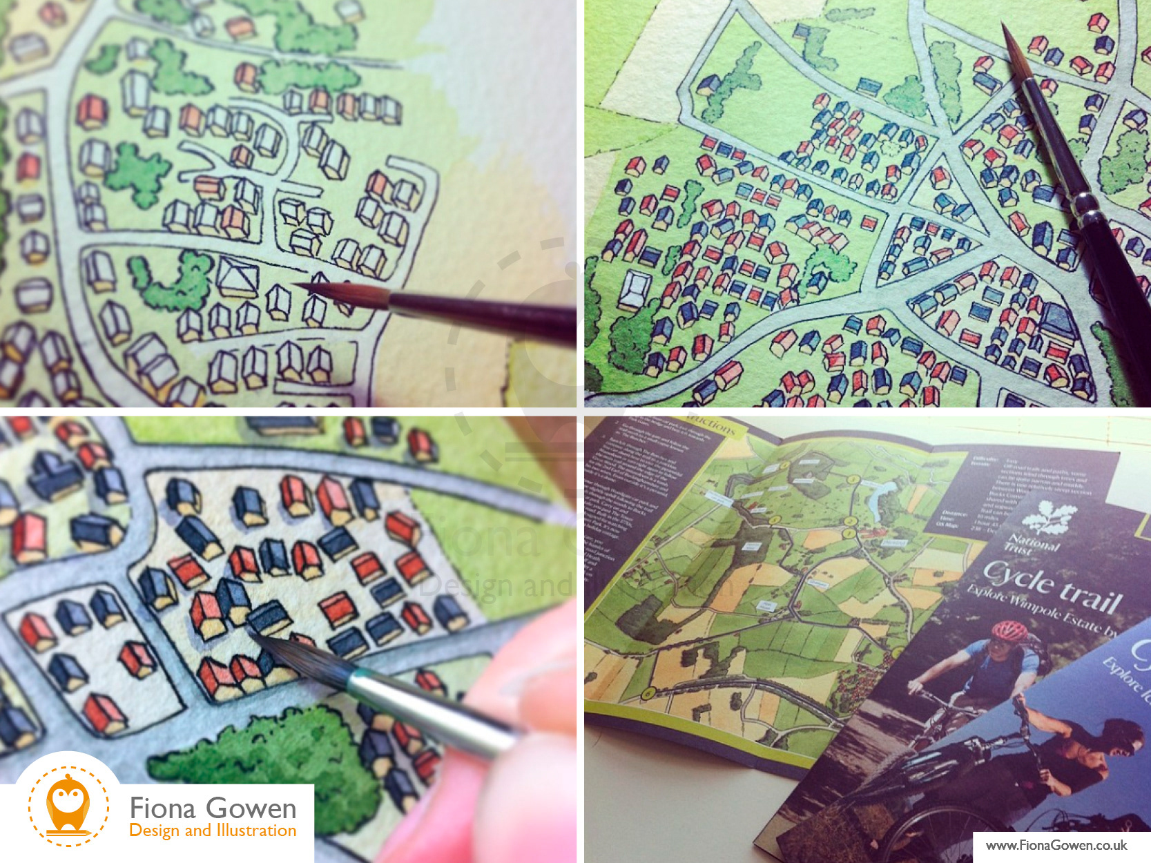 Work in progress photos of Fiona Gowen painting illustrated maps of Blickling using watercolours