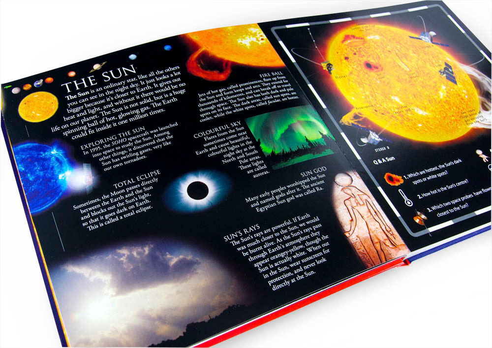 Interior spread about the sun from DK pop up space book designed by Fiona Gowen
