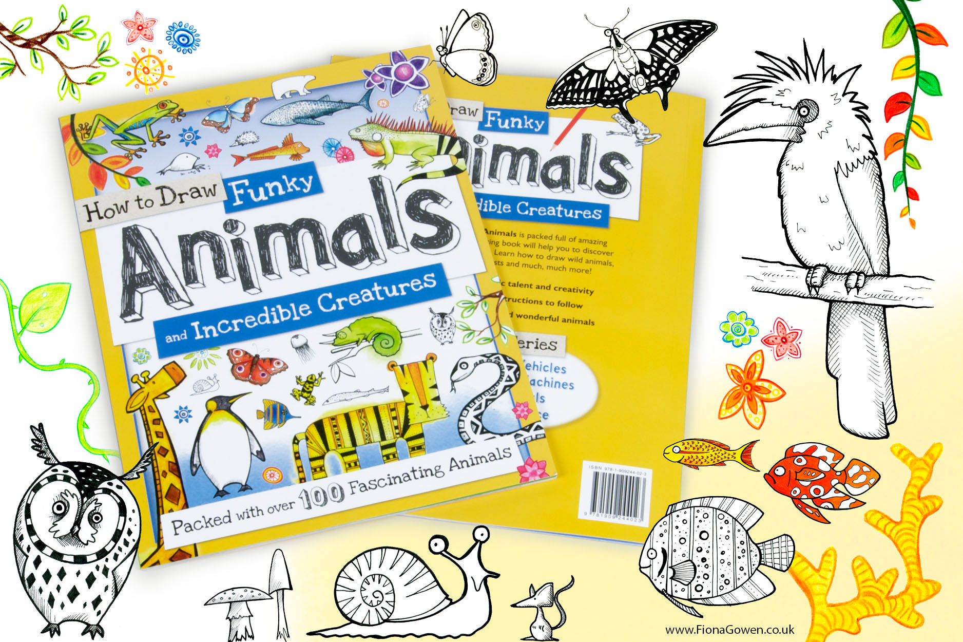 How to Draw Animals Book illustrated by Fiona Gowen. Featured illustrations include a bird, fish, butterflied and a snail.