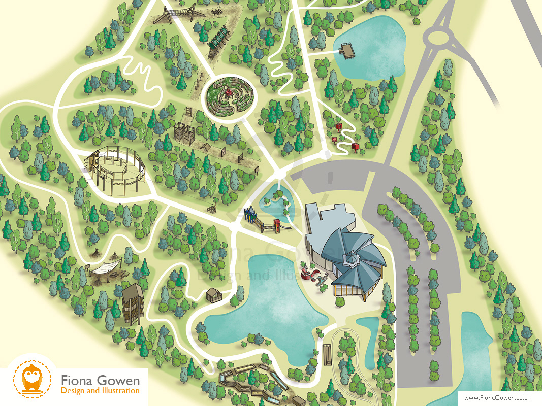 Cropped section of an Illustrated map of CONKERS Discovery Centre by map illustrator Fiona Gowen, with key areas of the attraction illustrated