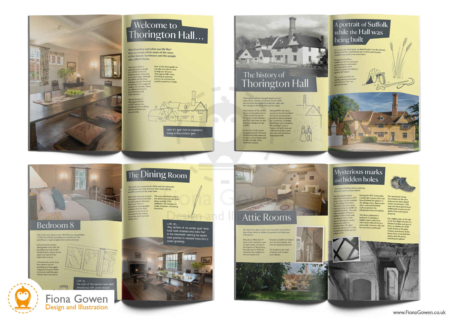 Interior spreads from the National Trust Holiday cottage guidebook for Thorington Hall in Suffolk. Designed and illustrated by Fiona Gowen