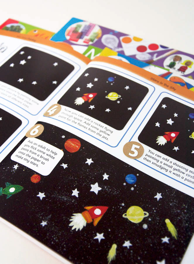 Mini Crafter childrens craft books illustrated by Fiona Gowen. Interior page featuring painted spaceships and planets