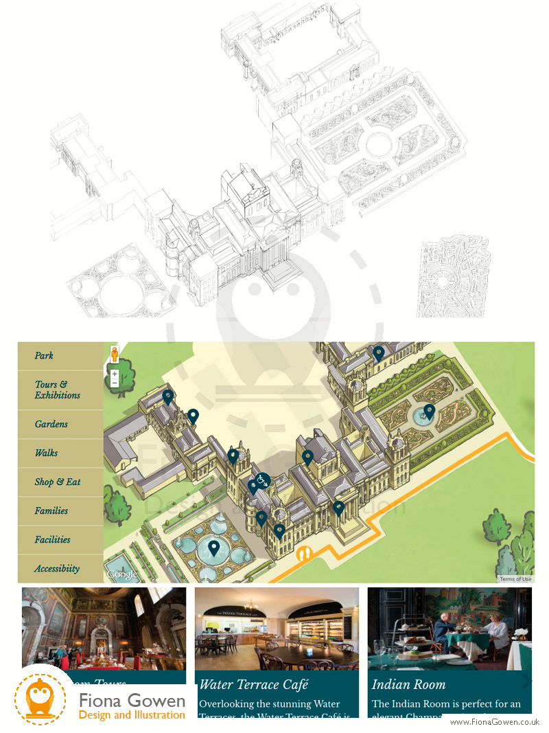 Work in progress sketch of Blenheim Palace illustration, alongside the final illustrated Blenheim Palace featured on the illustrated map by fiona gowen on the website