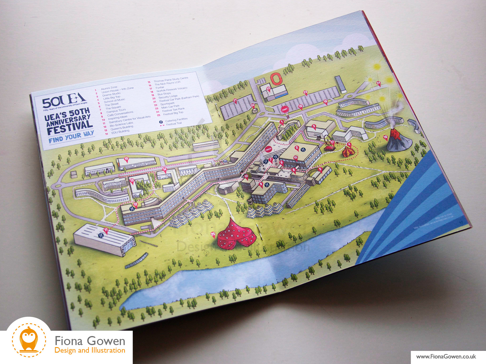 Map Illustration of University of East Anglia UEA by Fiona Gowen reproduced in 50th anniversary event booklet