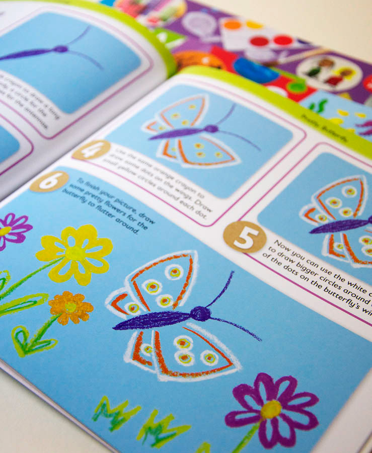 Mini Crafter childrens craft books illustrated by Fiona Gowen. Interior page featuring crayon butterflies