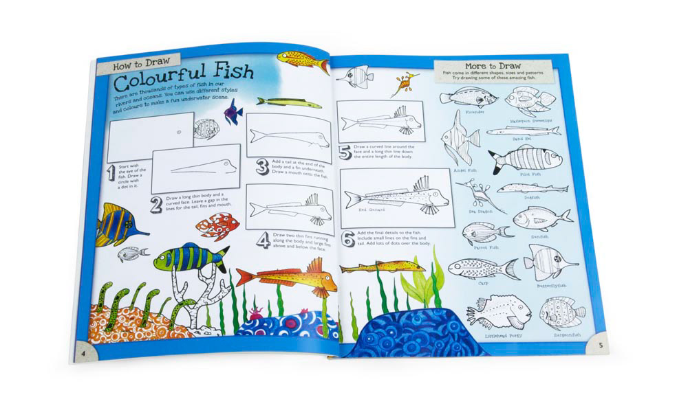 Interior page from childrens book How to Draw Animals illustrated by Fiona Gowen. Featuring a large selection of exotic fish.
