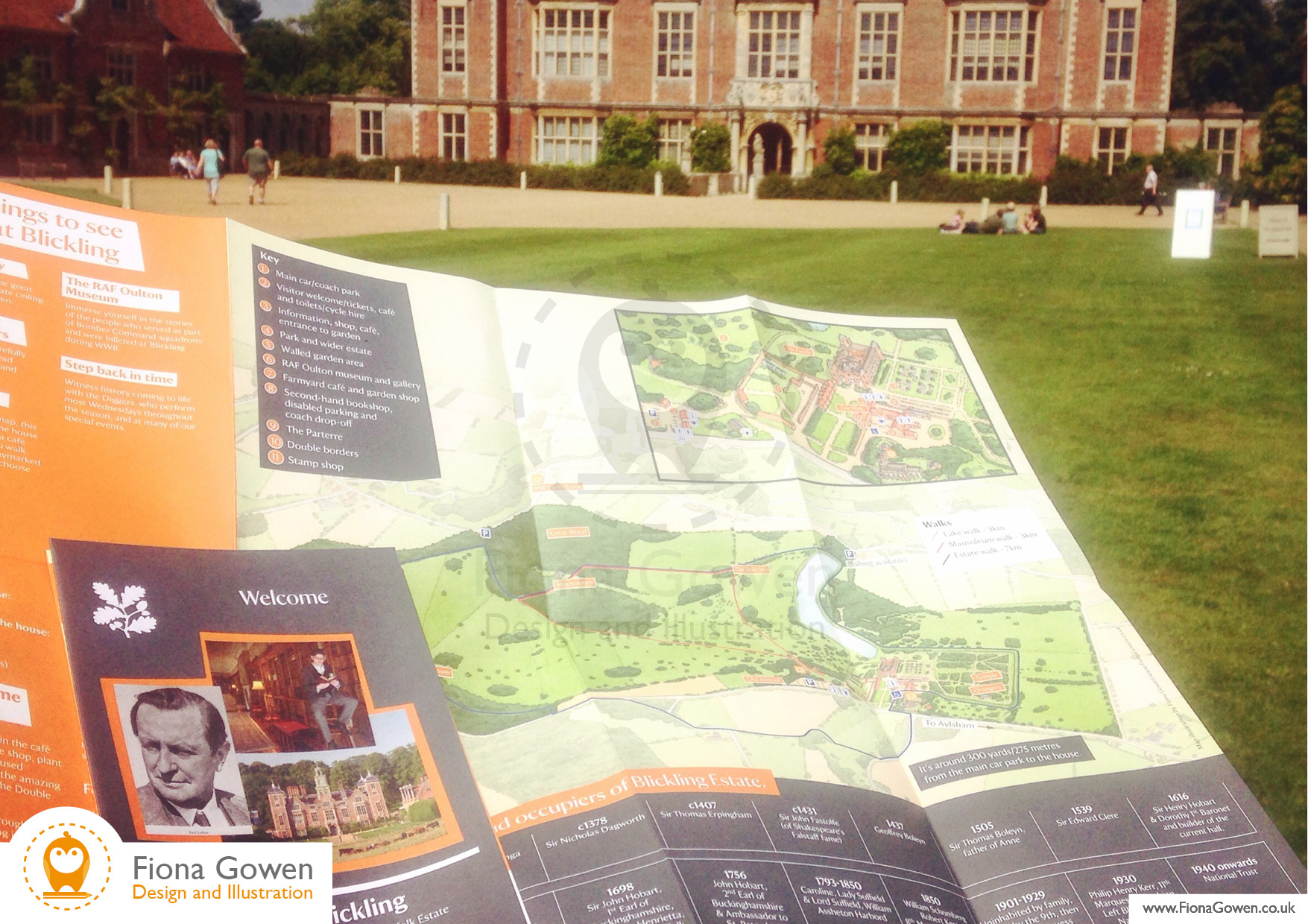 National Trust visitor leaflet for Blickling Estate, Featuring illustrated visitor map. Design and illustration by Fiona Gowen