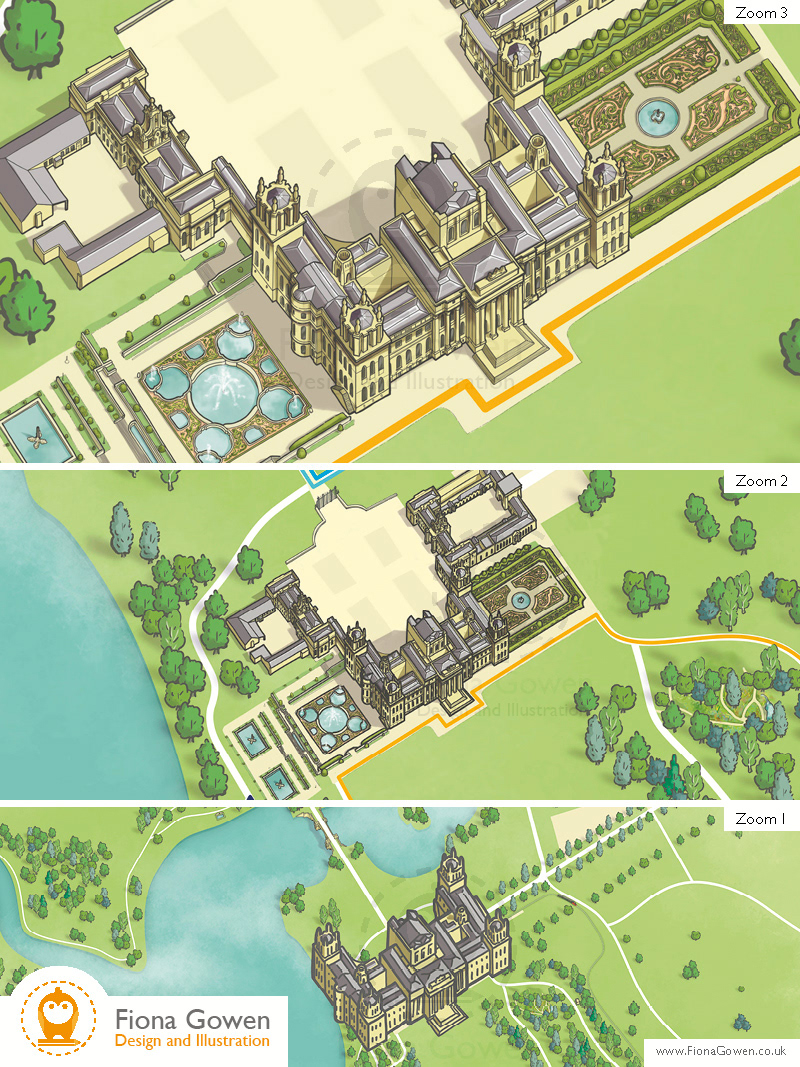 Blenheim palace illustration from the illustrated visitor map. by Fiona Gowen. Shown at three zoom levels.