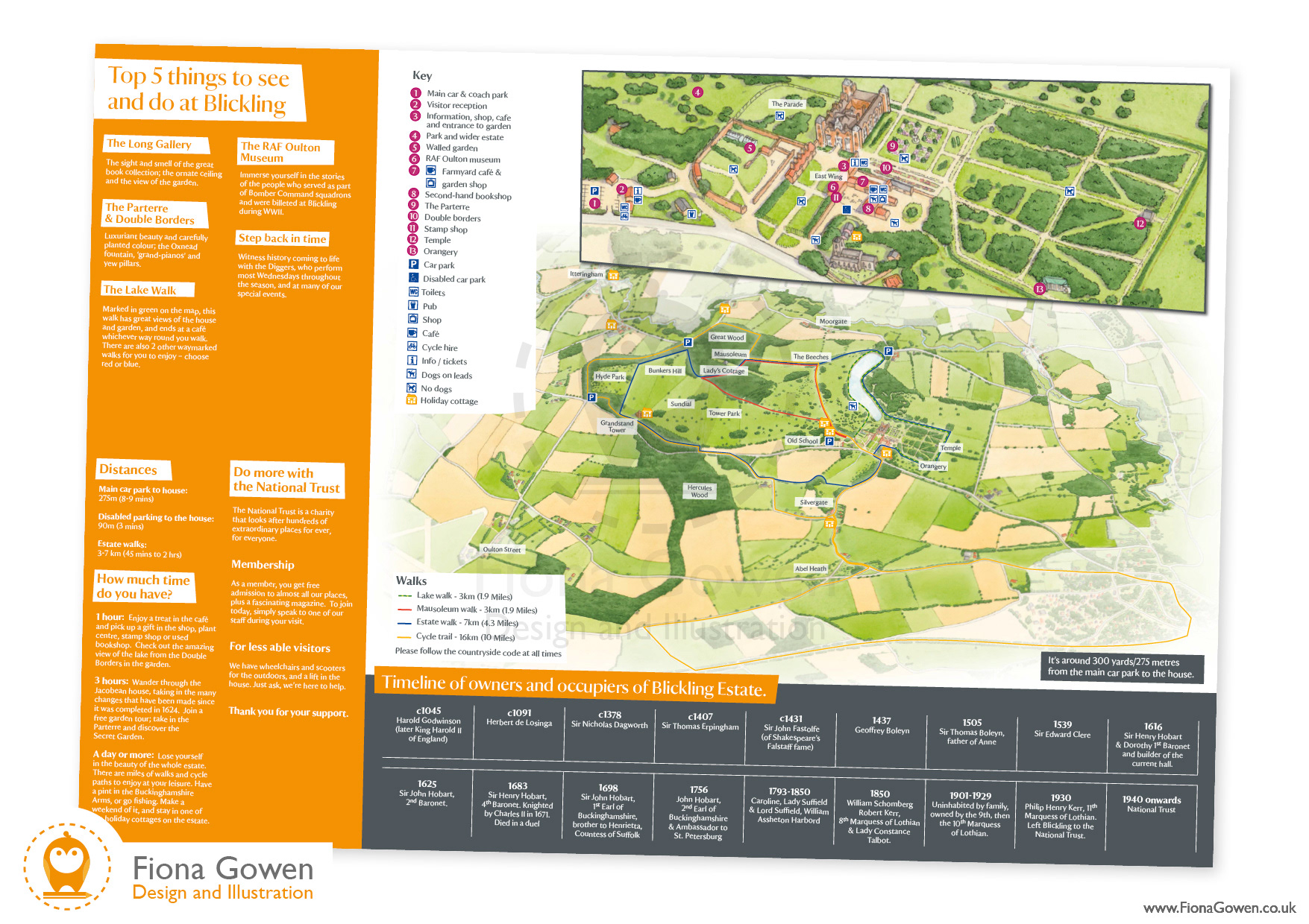 National Trust visitor leaflet for Blickling Estate, with illustrated map. Design and illustration by Fiona Gowen