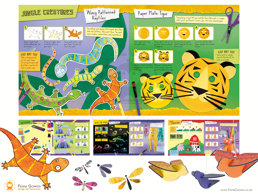 Mini Craft Animals book interior spreads with illustrated lizards and Tiger masks. Designed and illustrated by Fiona Gowen
