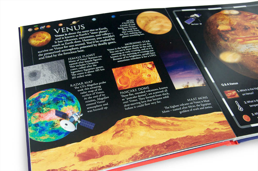 Interior spread about Venus from Dk pop up space book designed by Fiona Gowen