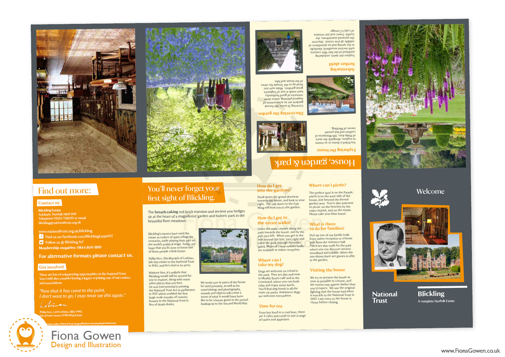 National Trust visitor leaflet for Blickling Estate, with illustrated map. Design and illustration by Fiona Gowen