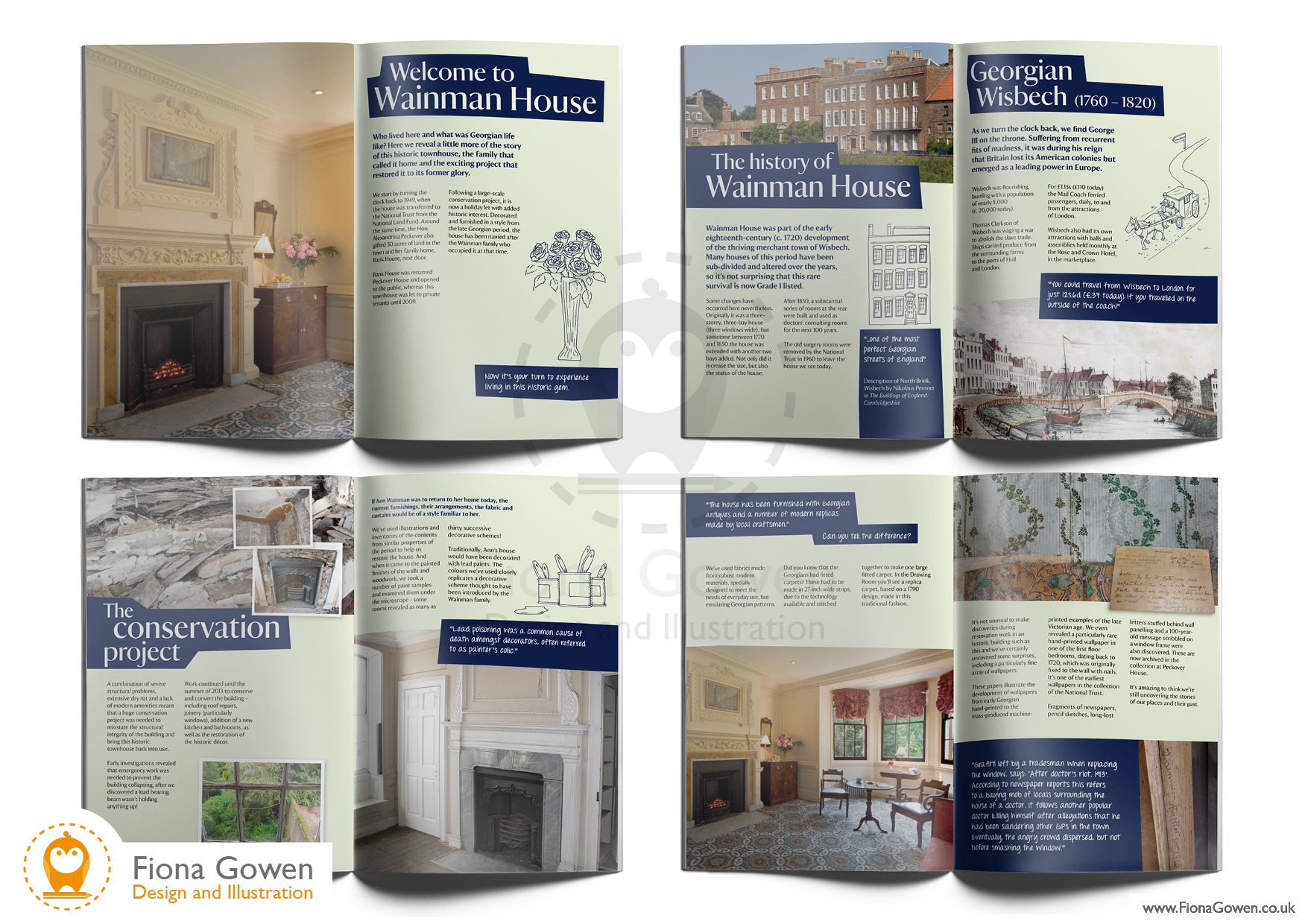 Wainman House National Trust Holiday Cottage guidebook. Interior spreads. Design and illustration by Fiona Gowen 