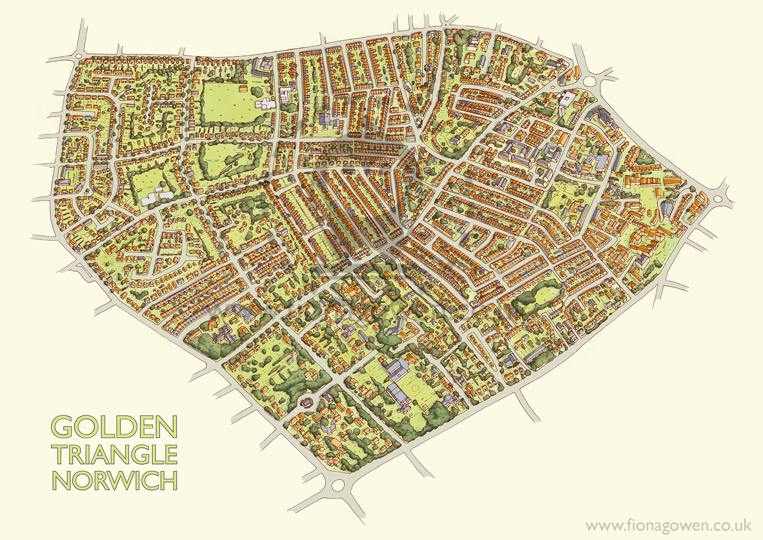Illustrated map of the Golden Triangle area of Norwich City. Map illustration by illustrator Fiona Gowen