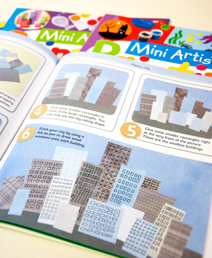 Mini Crafter Childrens craft book illustrated by Fiona Gowen. Interior page featuring envelope collage city 