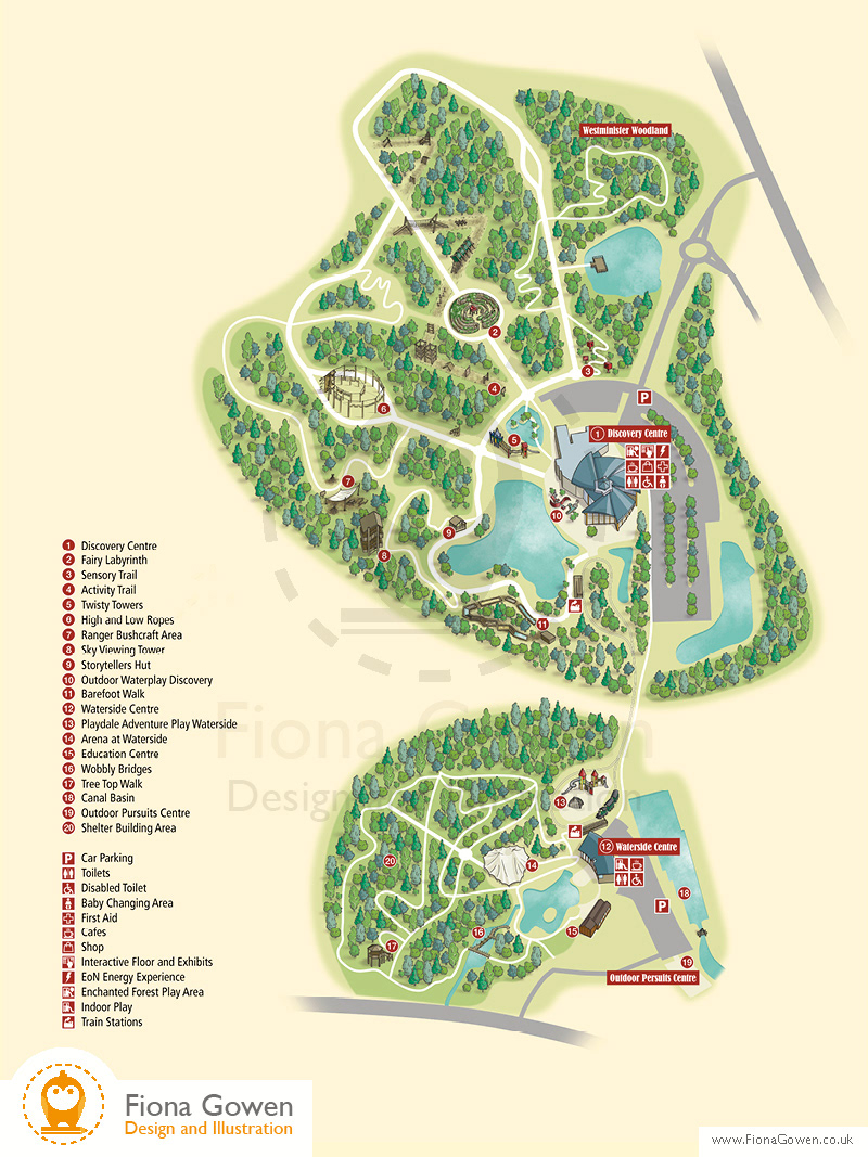 Illustrated visitor map of CONKERS Discovery Centre with key areas of the attraction illustrated and numbered and labeled with a key to the left