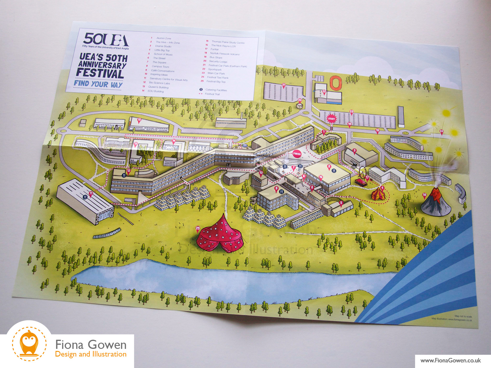 Fold out visitor map for UEA University of East Anglia 50th Anniversary festival Map artwork by Fiona Gowen