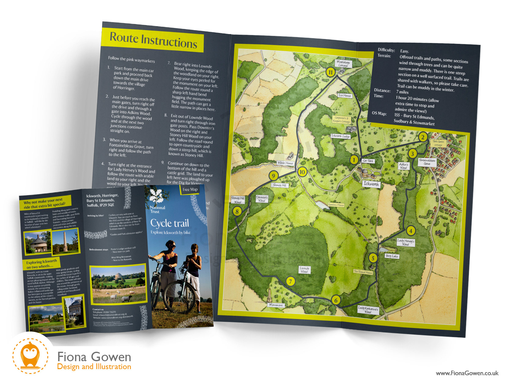 National Trust Ickworth Cycle map leaflet. Design and national trust map illustration by Fiona Gowen
