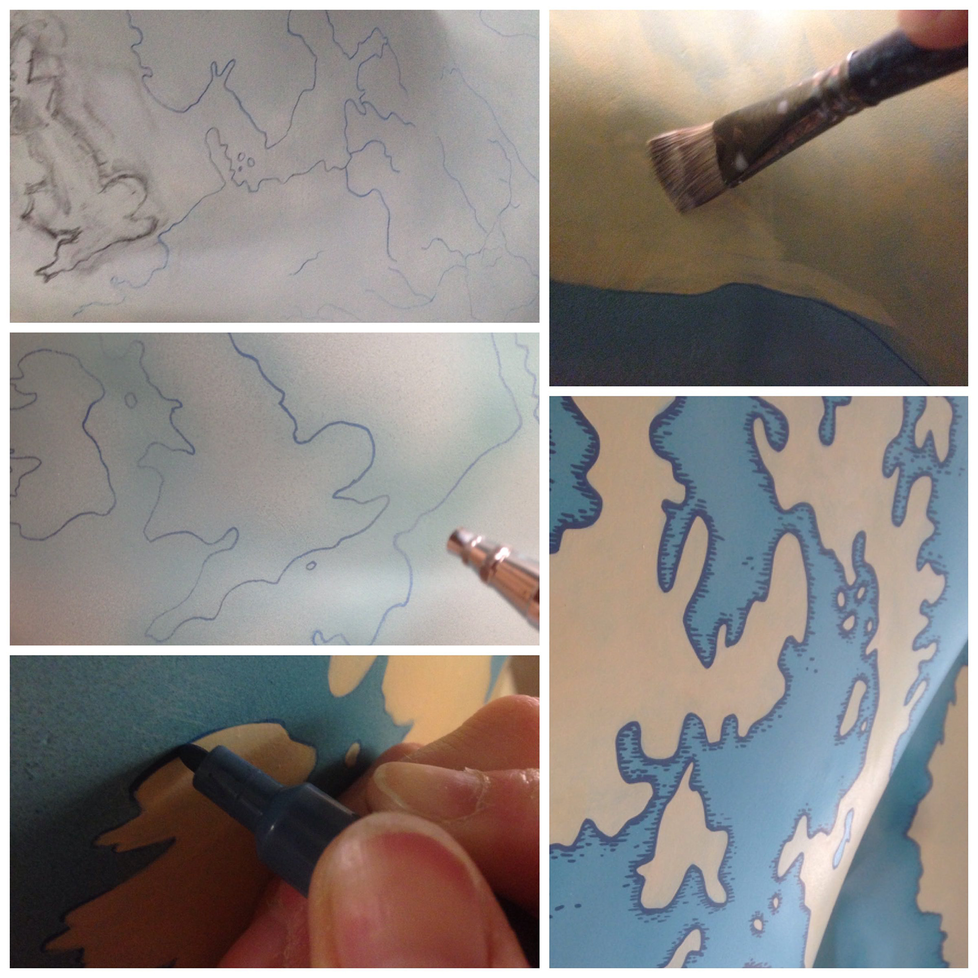 Process photos of illustrated map being painted by Fiona Gowen onto Norwich 2015 GoGoDragons sculpture