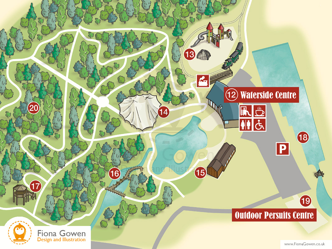 Cropped section of an Illustrated map of CONKERS Discovery Centre by Fiona Gowen. With key areas of the attraction illustrated, numbered and labeled