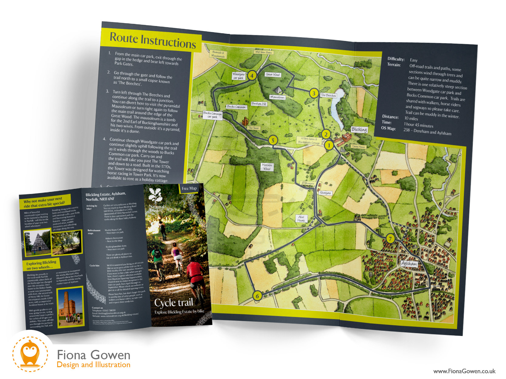 National Trust illustrated map. Blickling Estate Cycle map leaflet. Design and map illustration by Fiona Gowen