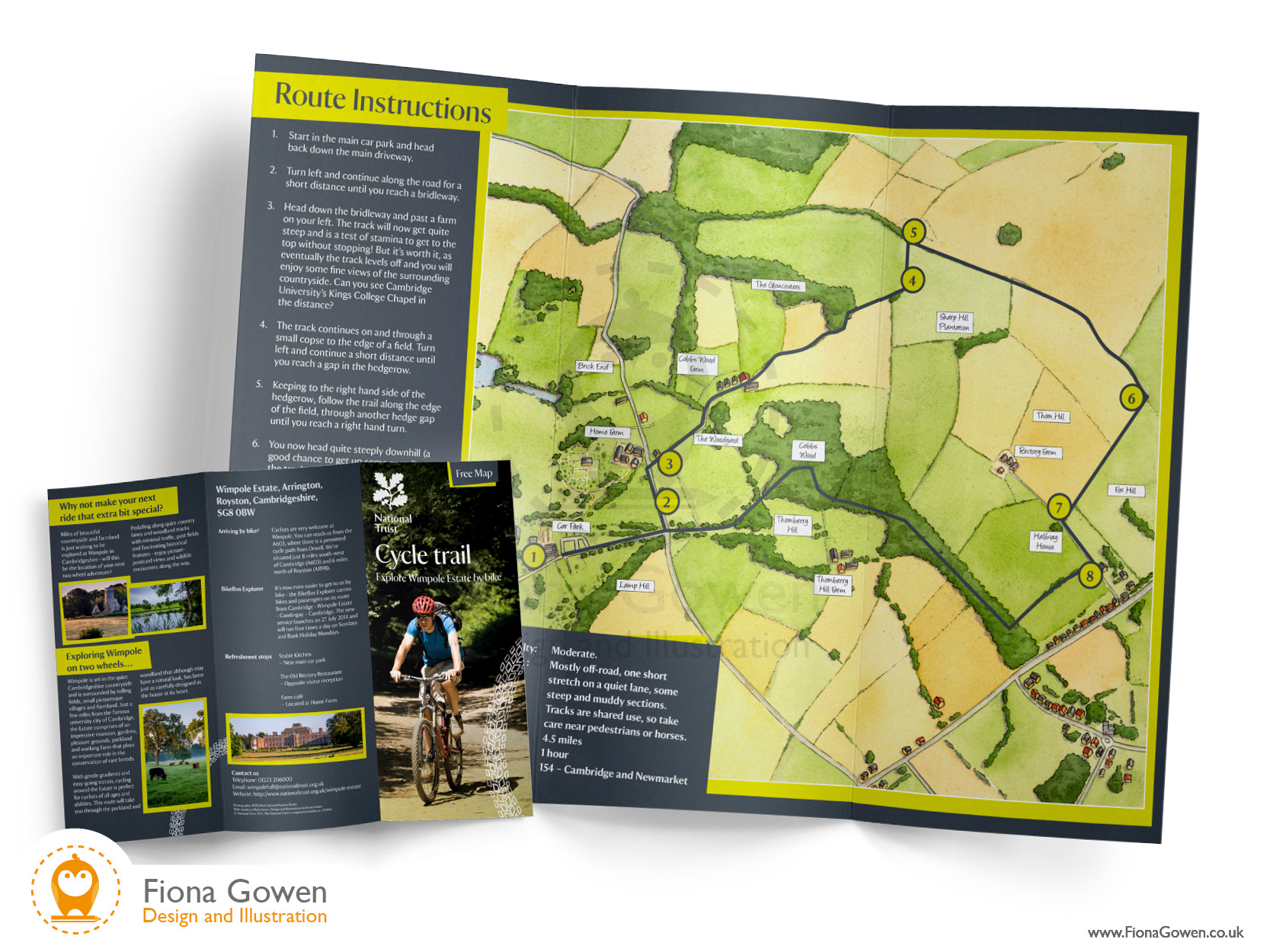 National Trust Wimpole Estate Cycle map leaflet. Design and map illustration by Fiona Gowen