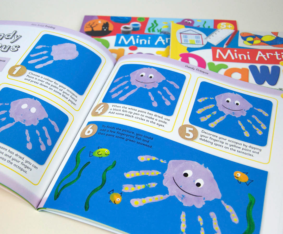 Mini Crafter craft books illustrated by Fiona Gowen. Interior page featuring a handprint octopus