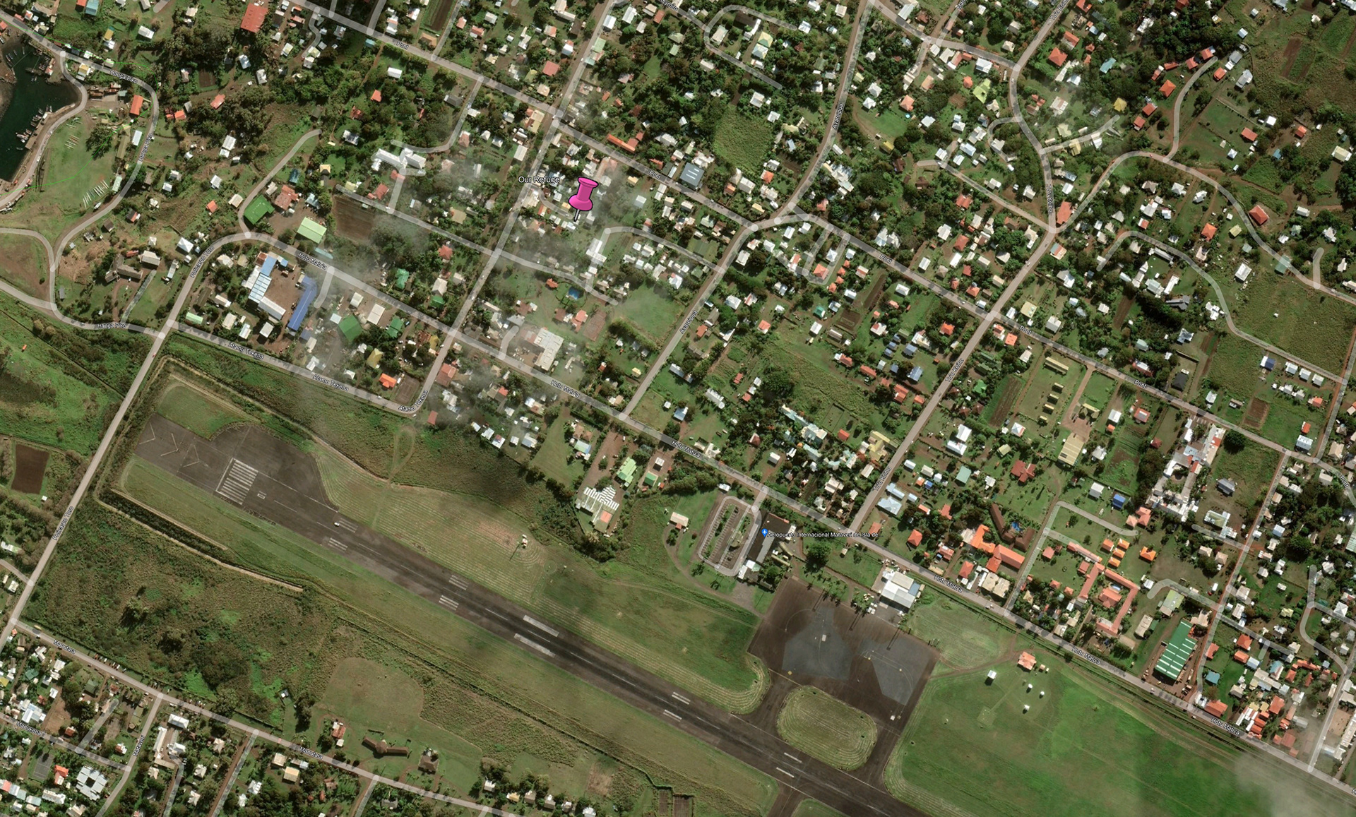 The red pin marks our refuge.