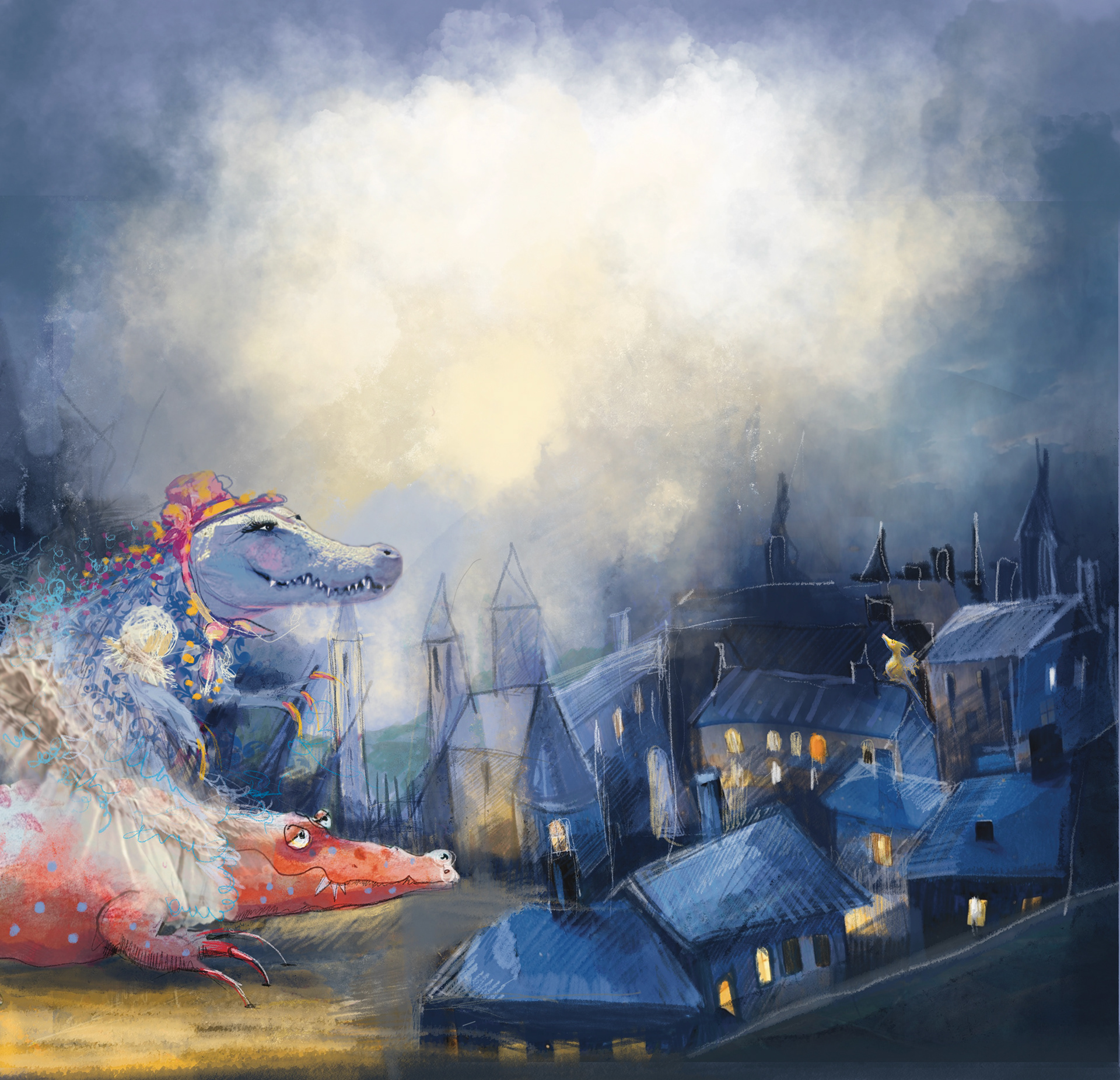 A dragon breathes fire above the blue rooftops of a town – illustration by Michalina Koch for “The Seven Dragons” (Siedem Smoków Głównych, OVO)