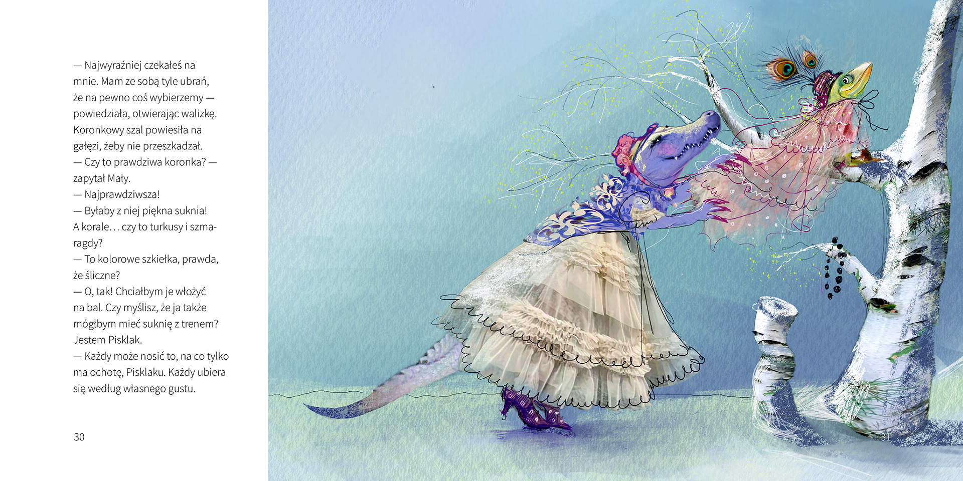 A purple dragon in a lace dress by a birch tree – double-page spread from “The Seven Dragons” (Siedem Smoków Głównych) by Violetta Nowakowska, illustrated by Michalina Koch