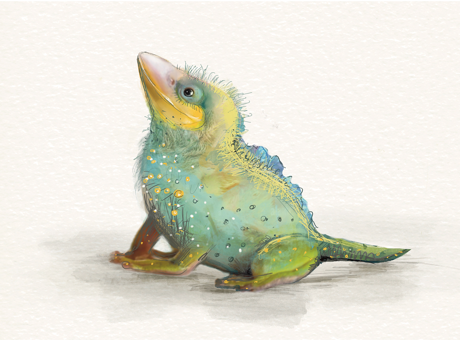A small green-and-turquoise dragon chick looks up curiously – fantasy character by Michalina Koch