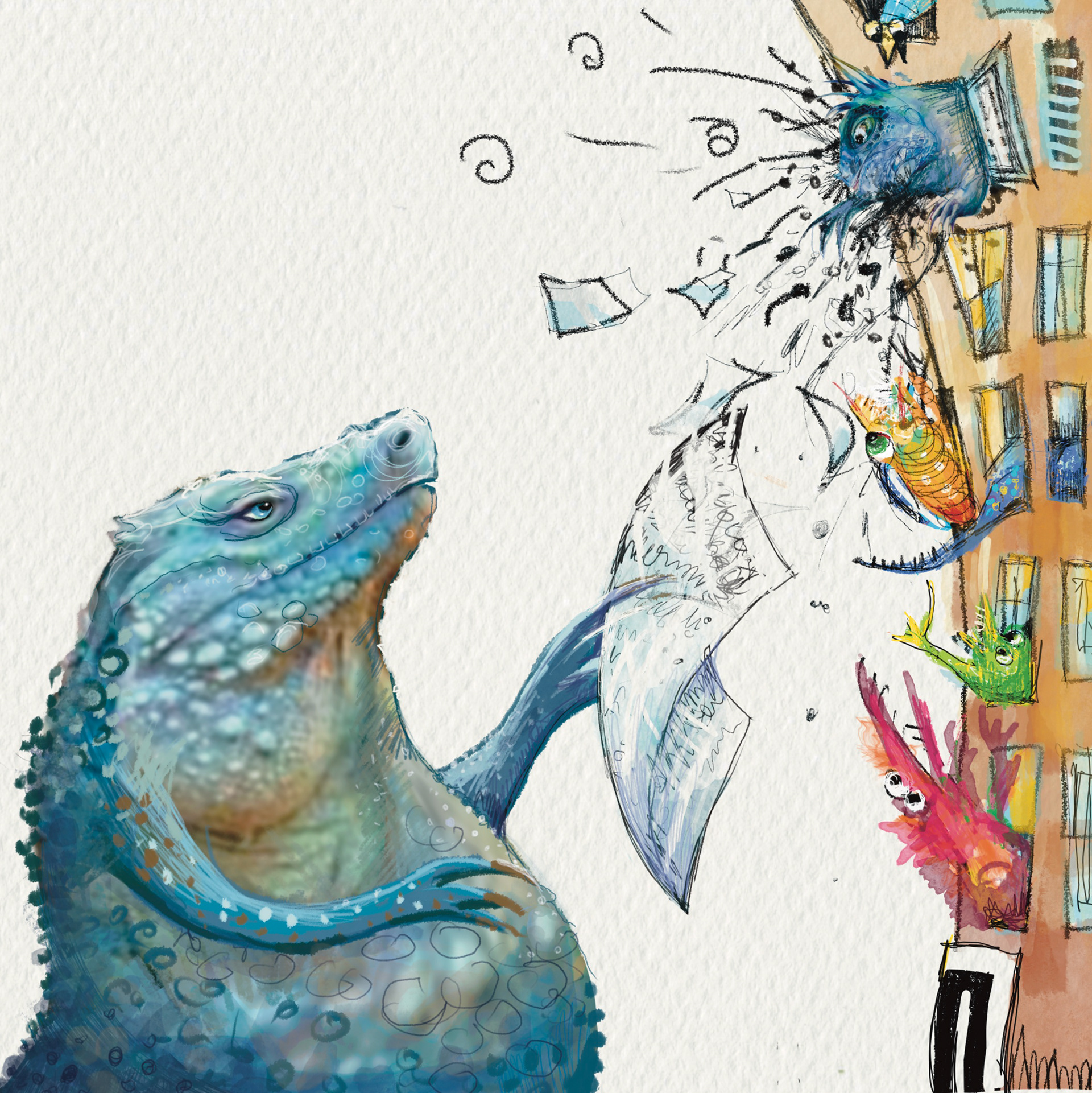 A blue dragon studies a sheet of paper – illustration by Michalina Koch for “The Seven Dragons” (Siedem Smoków Głównych, OVO)
