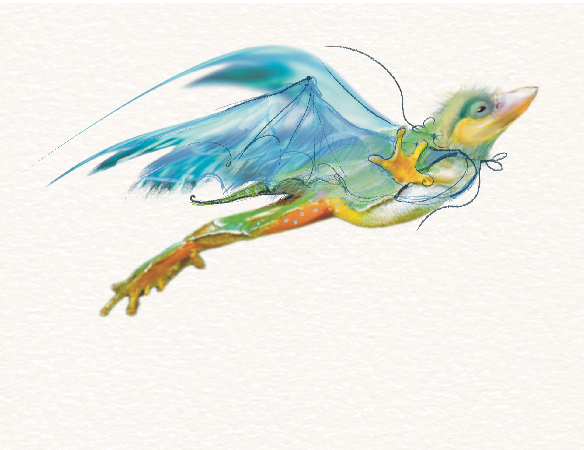 A turquoise bird-like dragon flies with outstretched wings – fantasy character by Michalina Koch