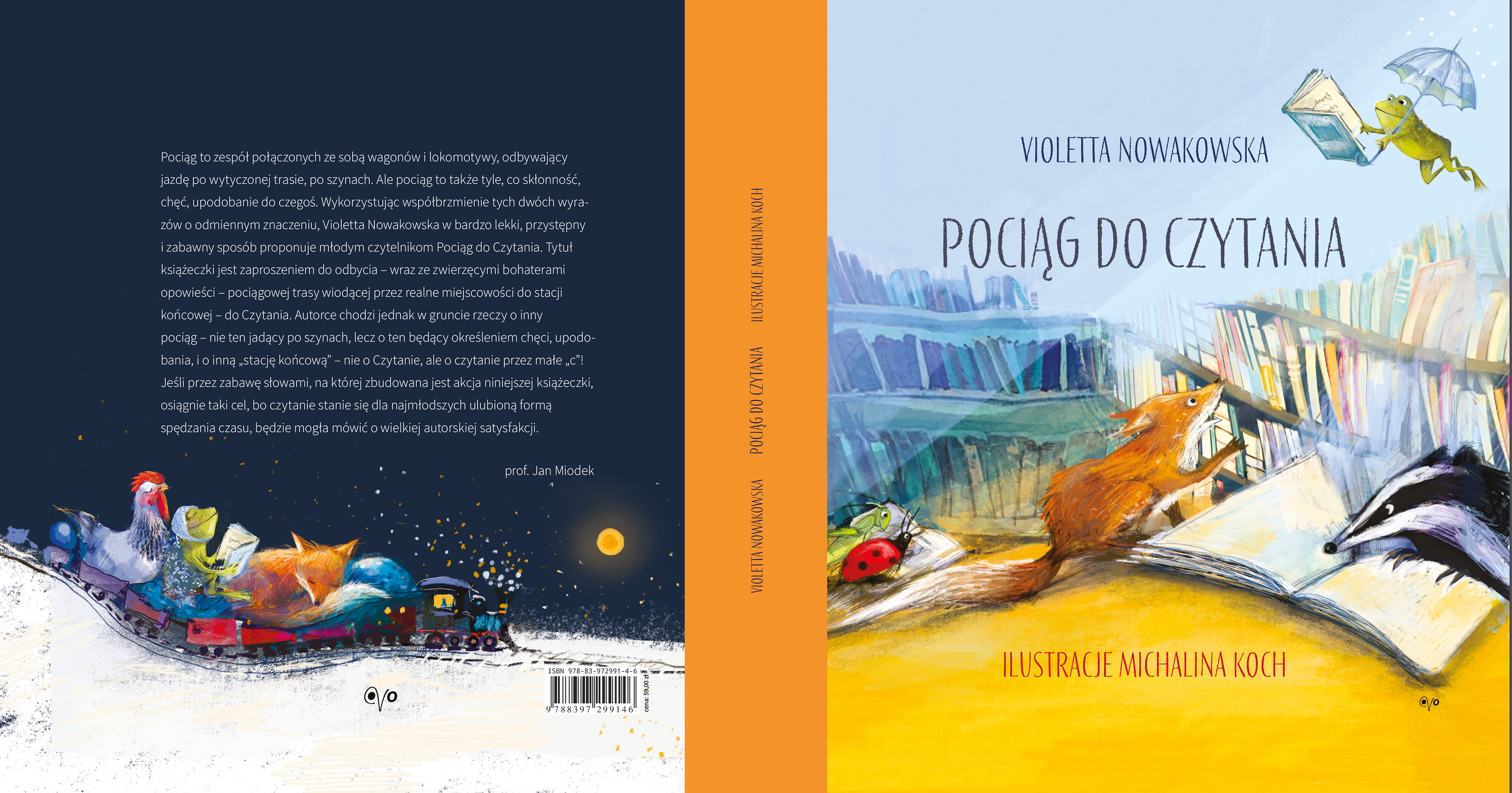 Front and back cover of “Pociąg do czytania” (The Reading Train): a fox reading among books, a frog with an umbrella