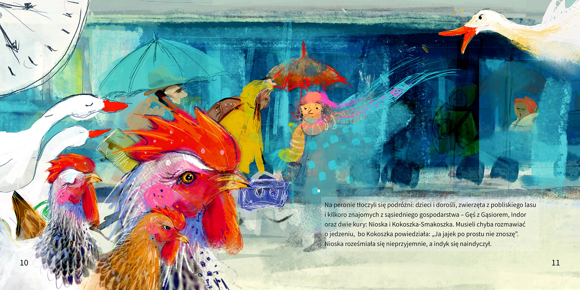 A colourful crowd of animals – geese, a rooster and more – rushes past a big clock – double-page spread from “The Reading Train” (Pociąg do czytania) by Violetta Nowakowska, illustrated by Michalina Koch