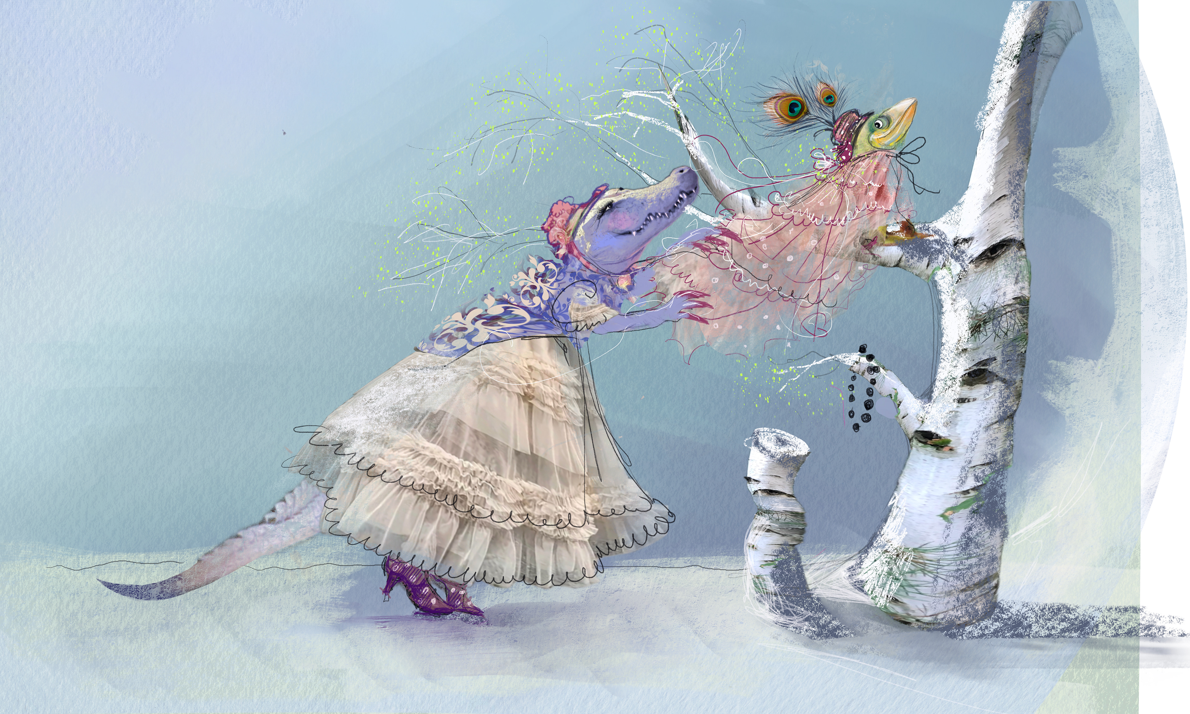 A purple dragon in a lace dress leans against a birch tree – illustration by Michalina Koch for “The Seven Dragons” (Siedem Smoków Głównych, OVO)