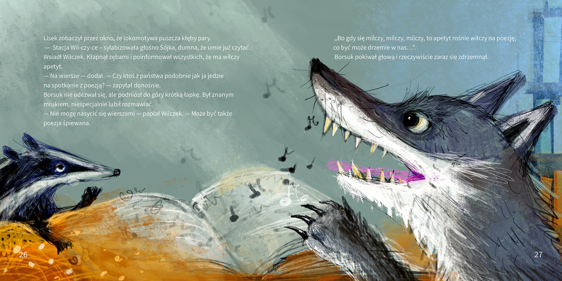 A wolf grins next to a badger by an open book – double-page spread from “The Reading Train” (Pociąg do czytania) by Violetta Nowakowska, illustrated by Michalina Koch