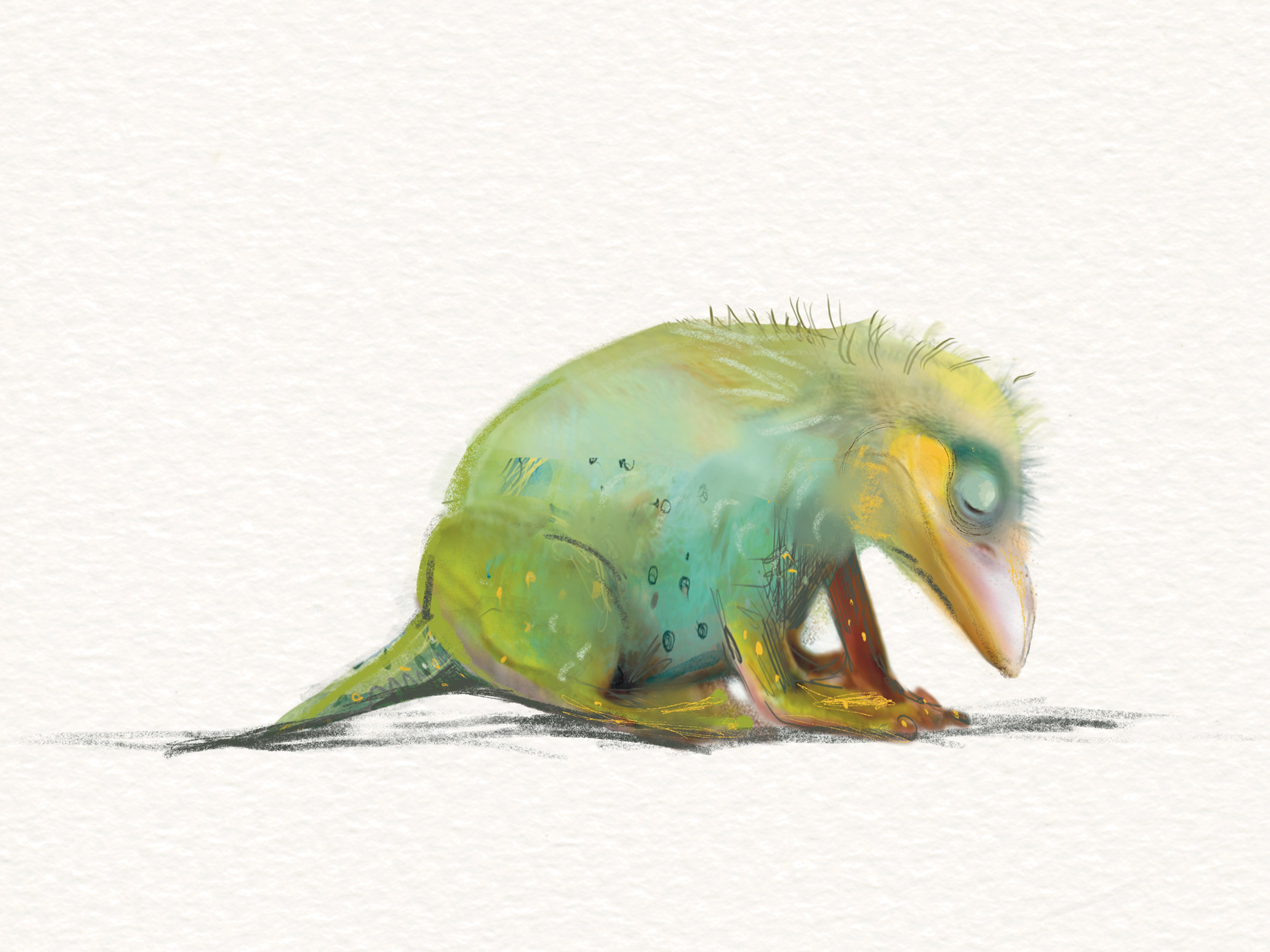 A small green dragon chick bends down sadly, its head hanging – fantasy character by Michalina Koch