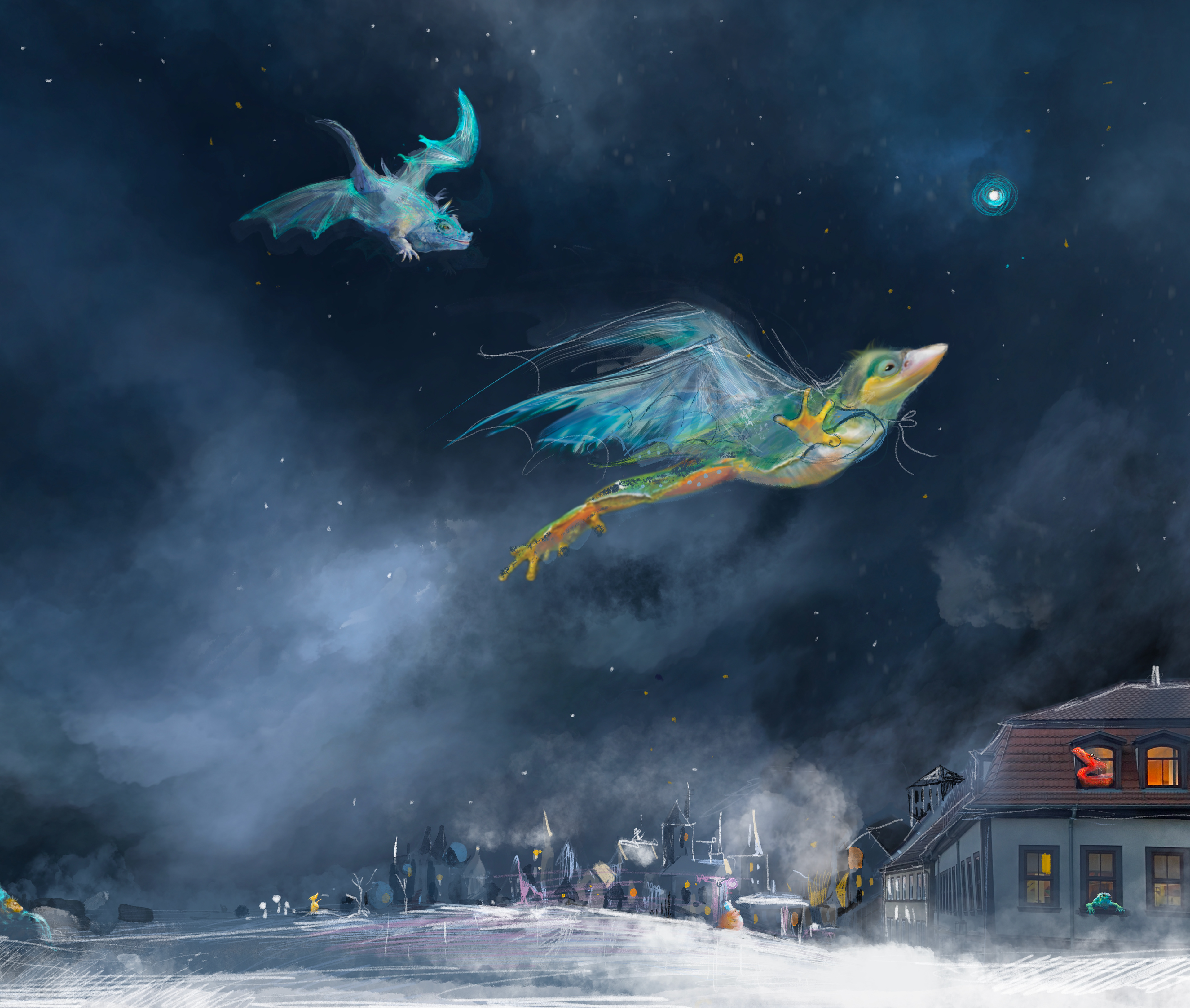 Two dragons fly through a night sky over a snowy village – fantasy character by Michalina Koch
