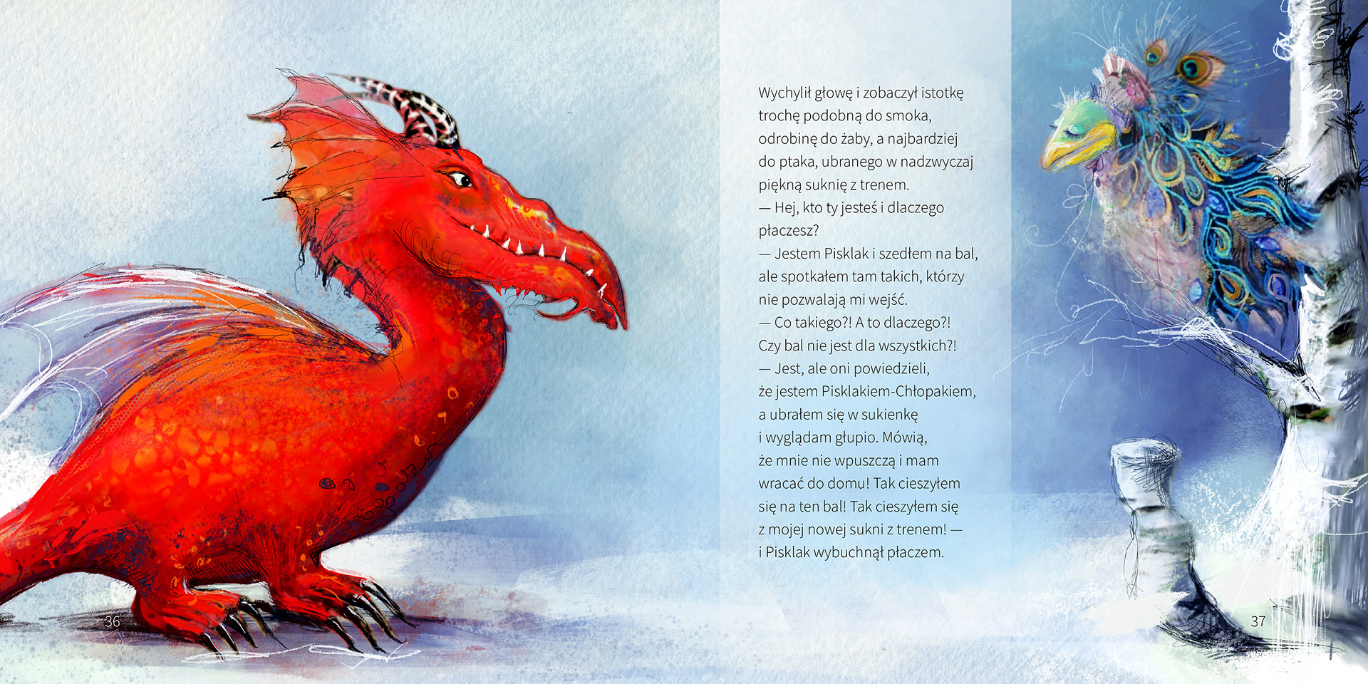 A red dragon faces a feathered blue dragon in a birch tree – double-page spread from “The Seven Dragons” (Siedem Smoków Głównych) by Violetta Nowakowska, illustrated by Michalina Koch