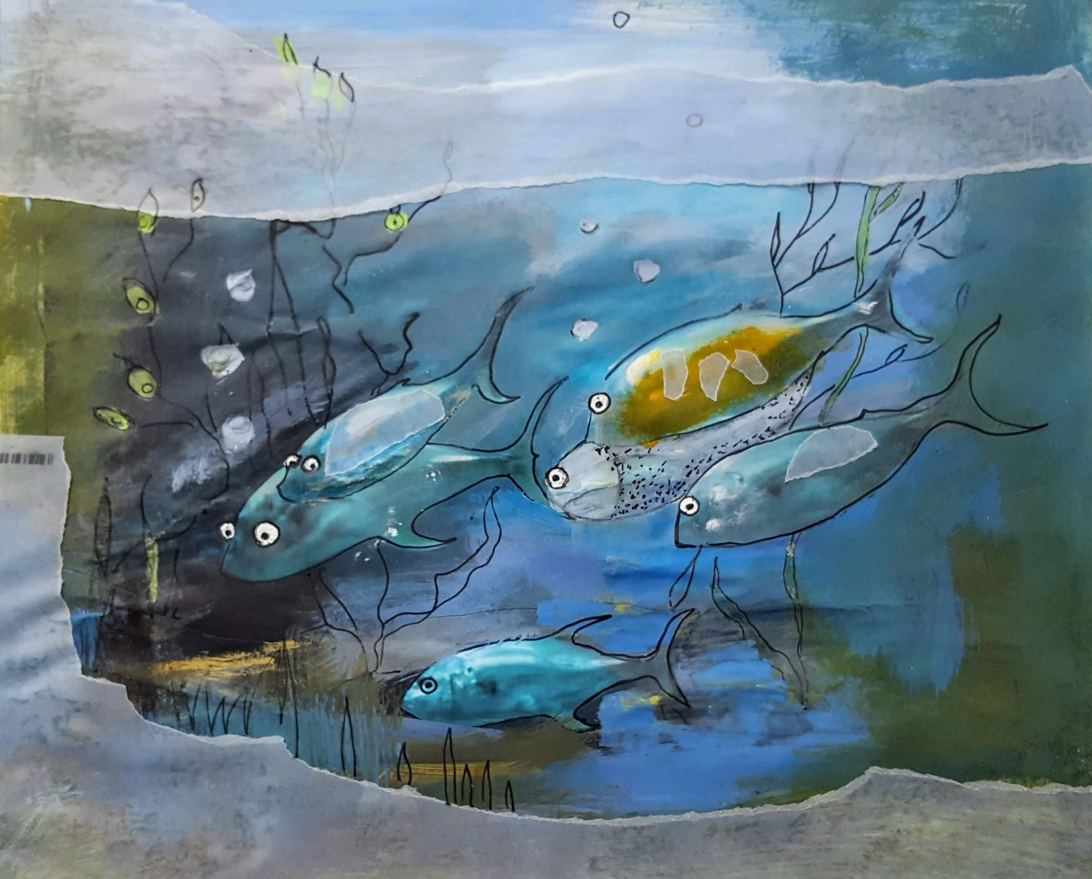 Fish swim through a blue underwater world – collage illustration by Michalina Koch from her first picture book “About Nikodem, His World and Other Worlds”