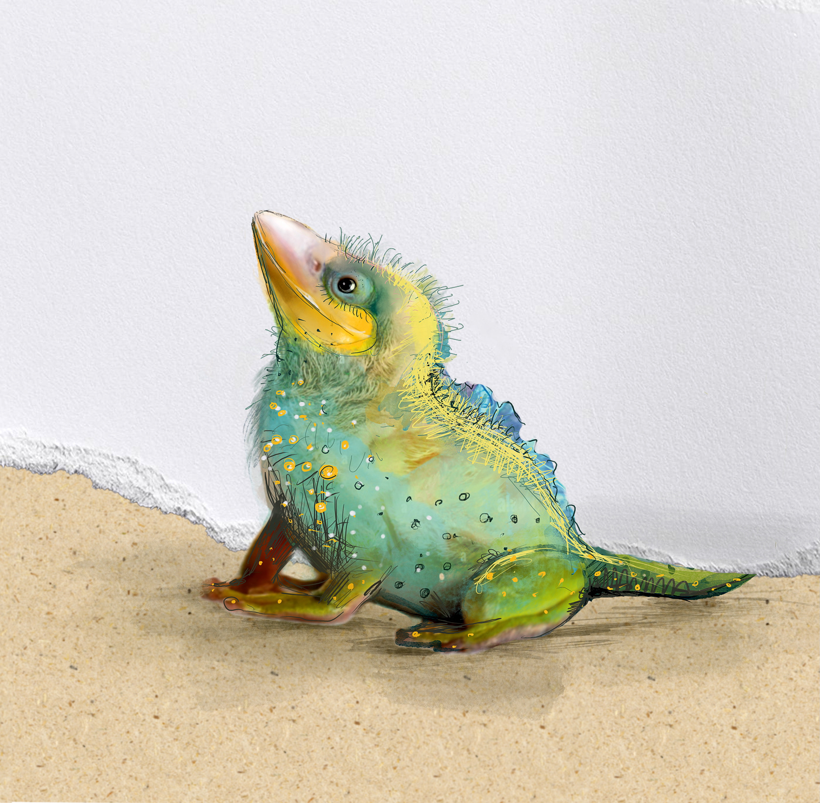 A dragon chick sits on sandy ground – fantasy character by Michalina Koch