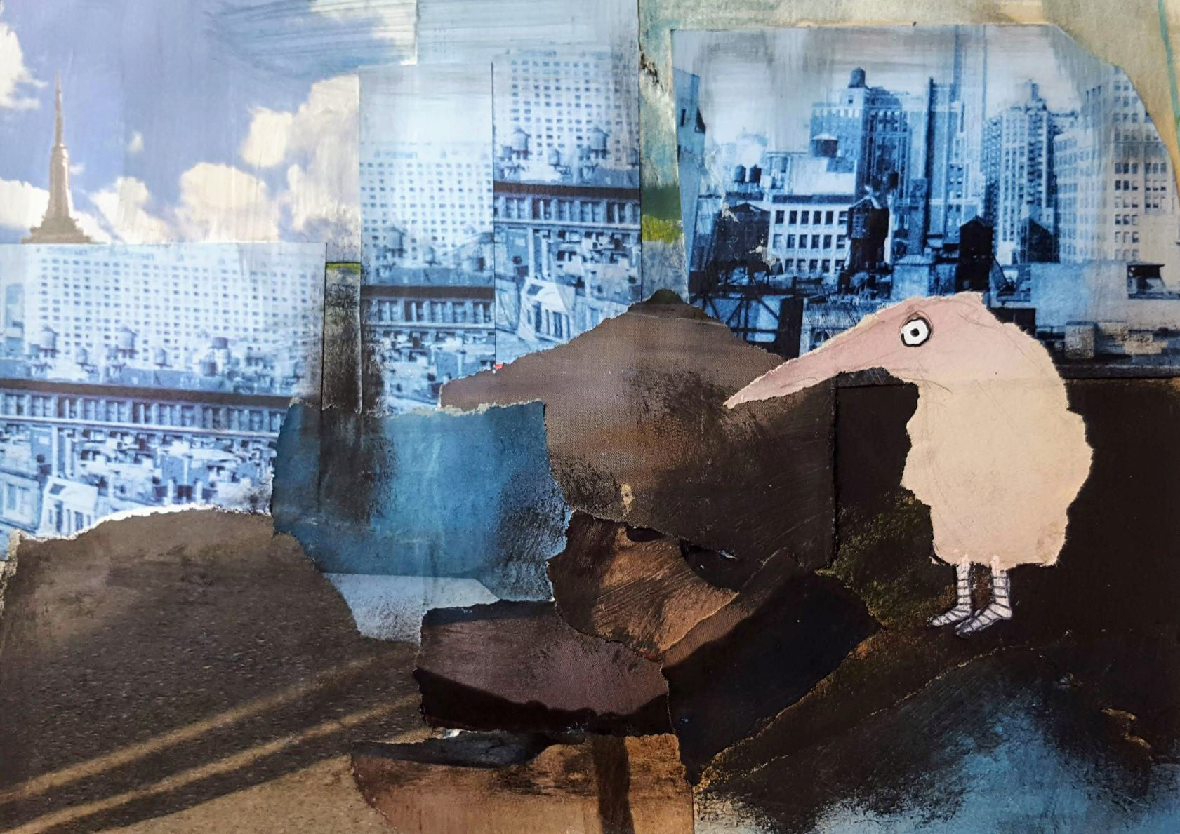 A pale long-beaked creature stands in a city made of paper cut-outs – collage illustration by Michalina Koch from her first picture book “About Nikodem, His World and Other Worlds”