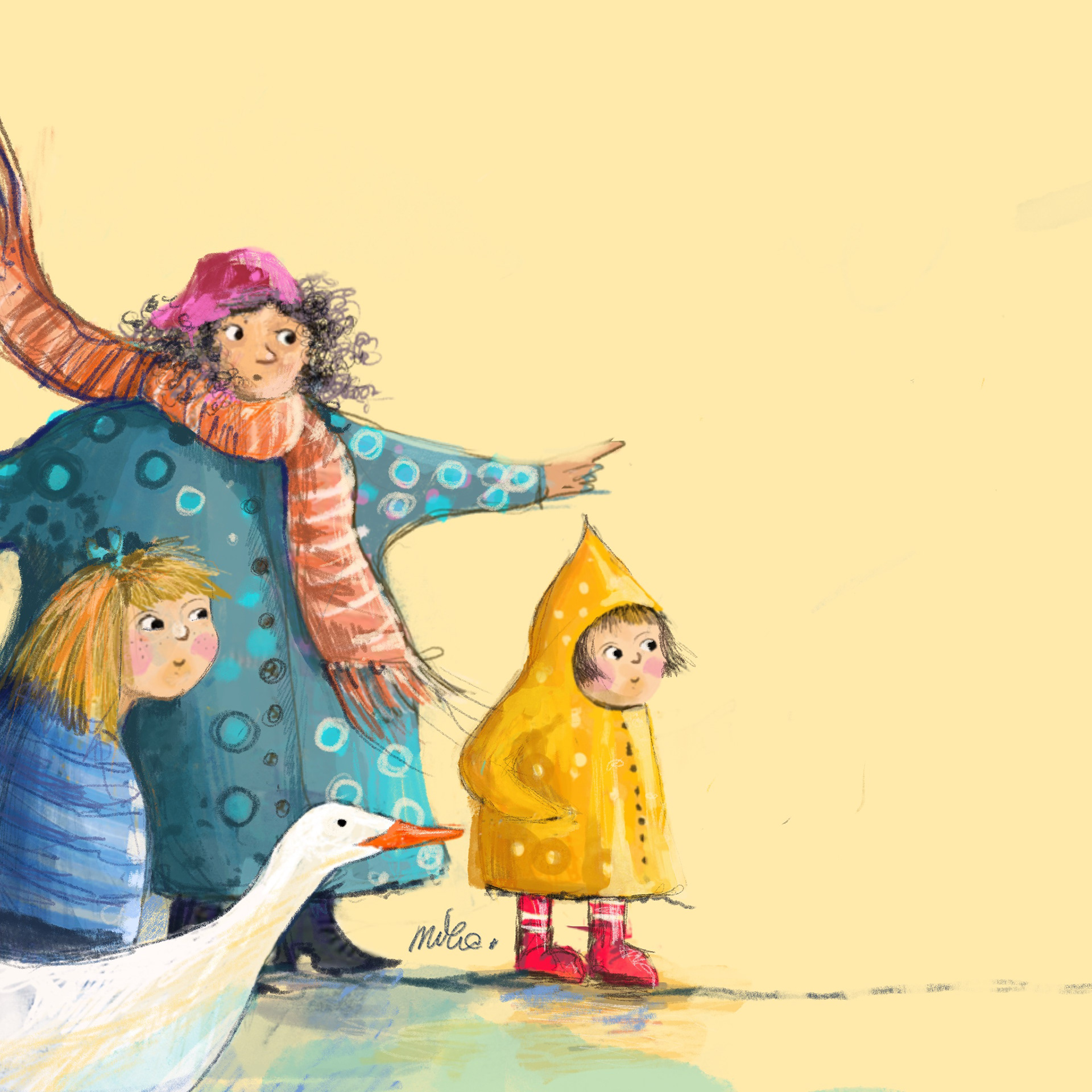 A grandmother, a girl in a yellow raincoat and a goose wave from a station platform – children’s book illustration by Michalina Koch