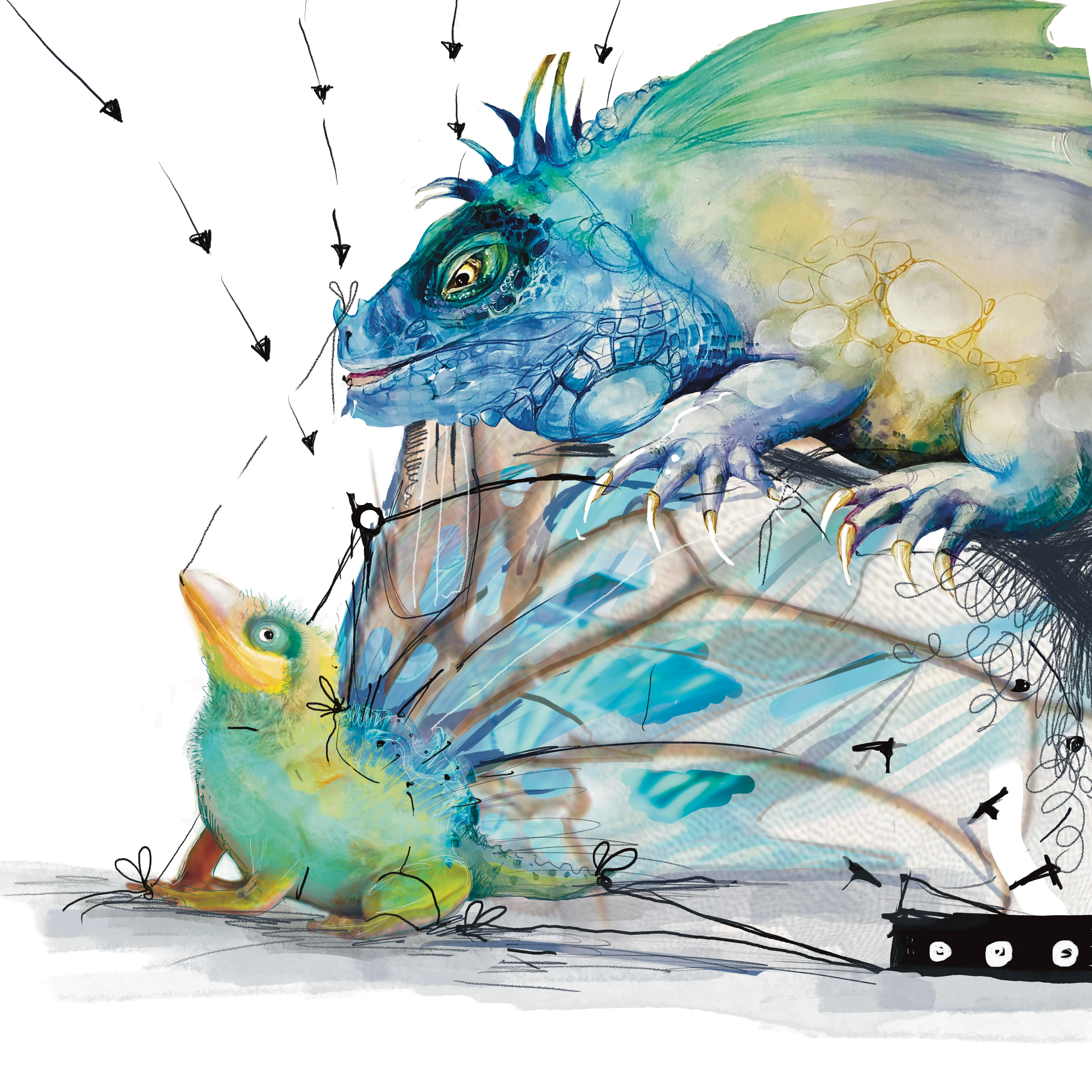 A large blue dragon shelters a small green dragon chick – fantasy character by Michalina Koch
